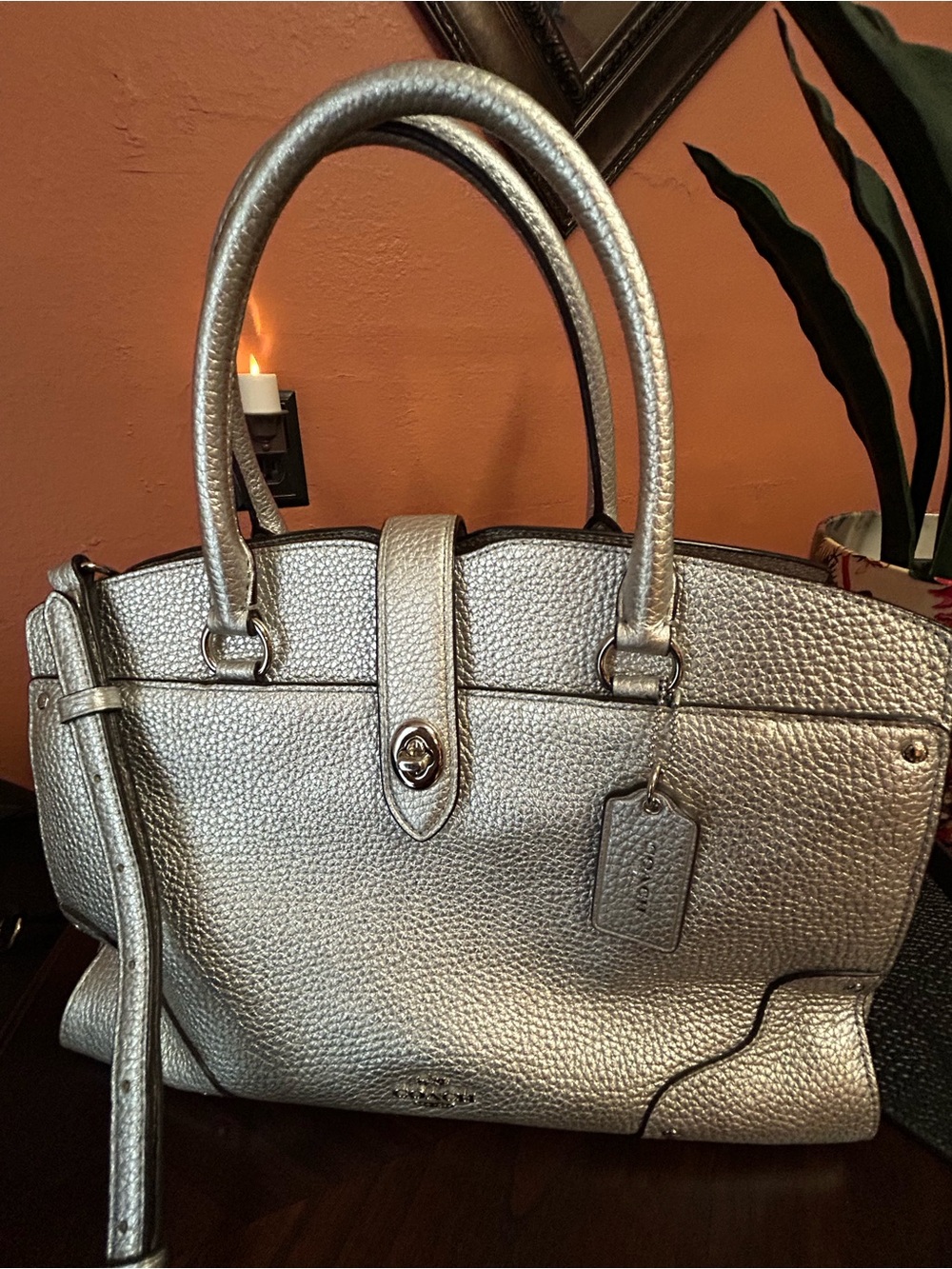Coach Mercer 30 Metallic Silver Pebbled Leather Satchel NWOT
